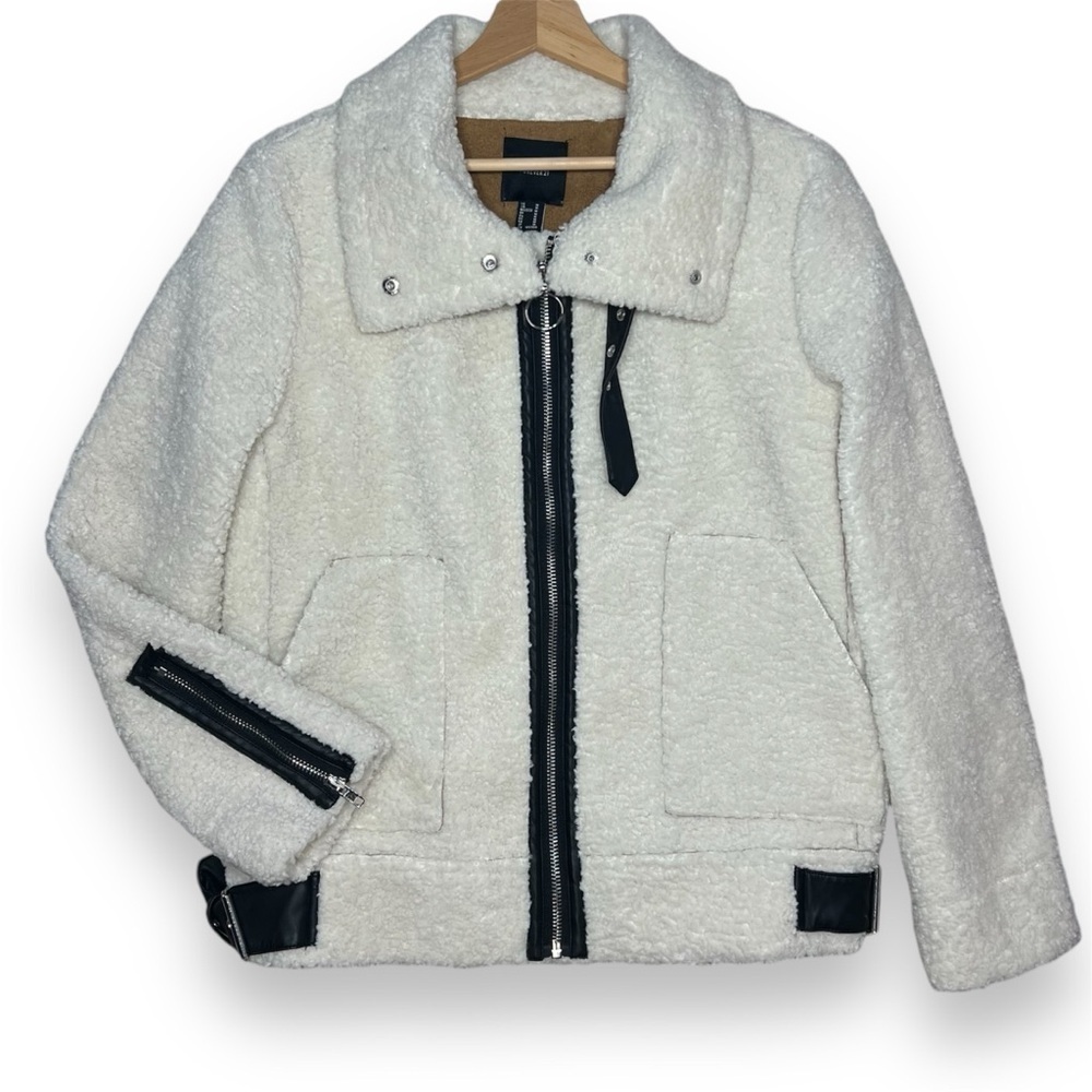 Forever 21 Sherpa Jacket Women M Faux Leather Suede Moto Coat Full Zip Shearling